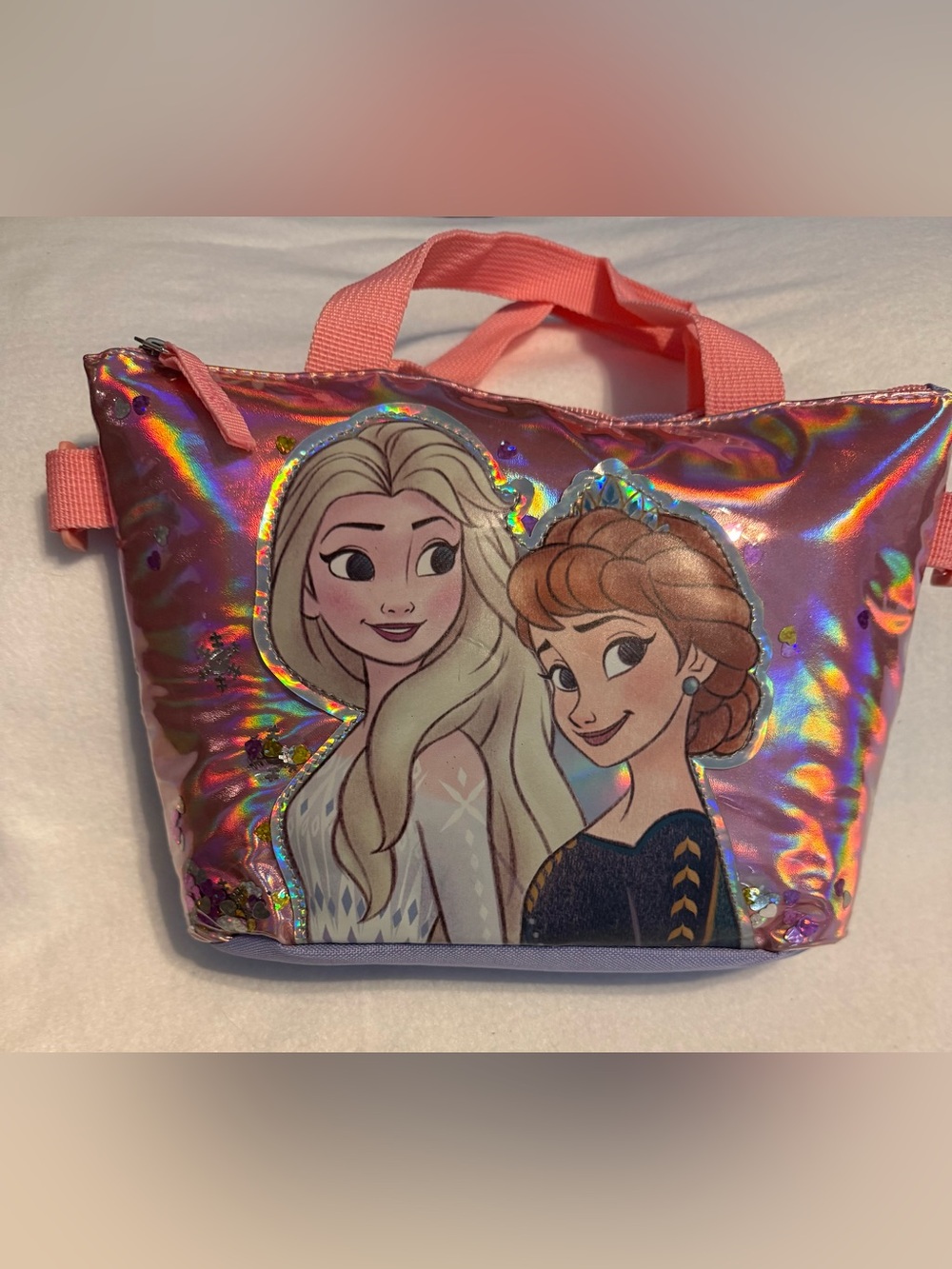 NWOT Disney Frozen Elsa & Anna Holographic Insulated Lunch Tote Bag Pink Glitter